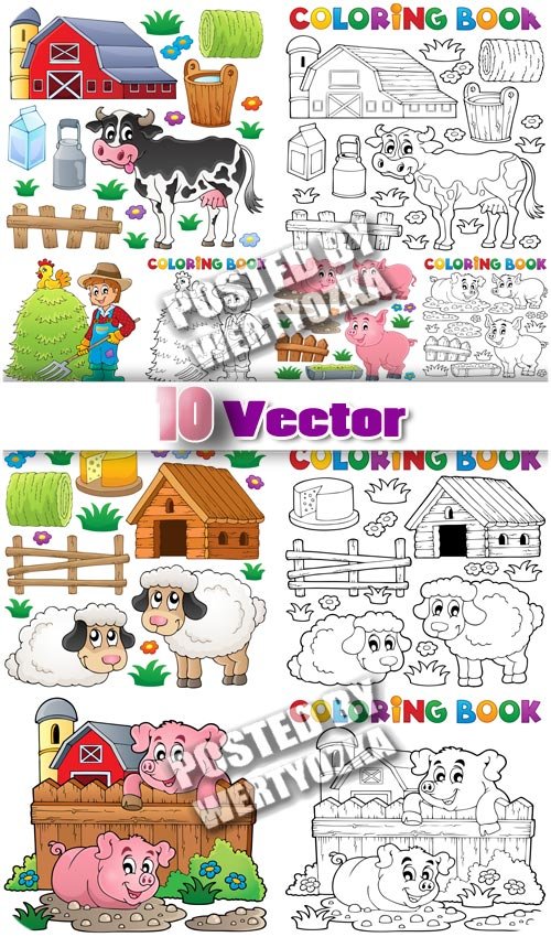 Раскраски для детей, домик в деревне, животные / Coloring pages for kids - stock vector