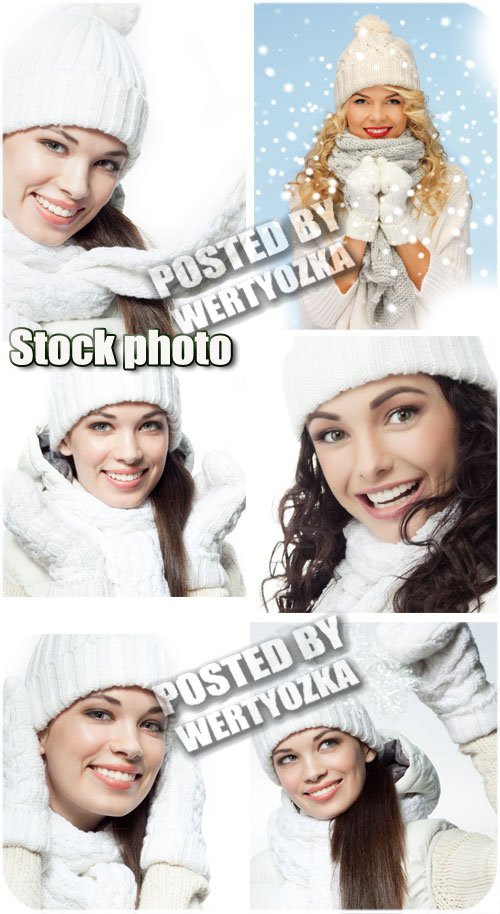 Зимние девушки в белых шапках и шарфиках / Winter girls - stock photos