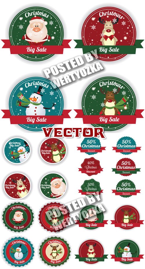 Рождественские и новогодние стикеры  с сантой, снеговики и олени / Christmas and New Year stickers  - stock vector