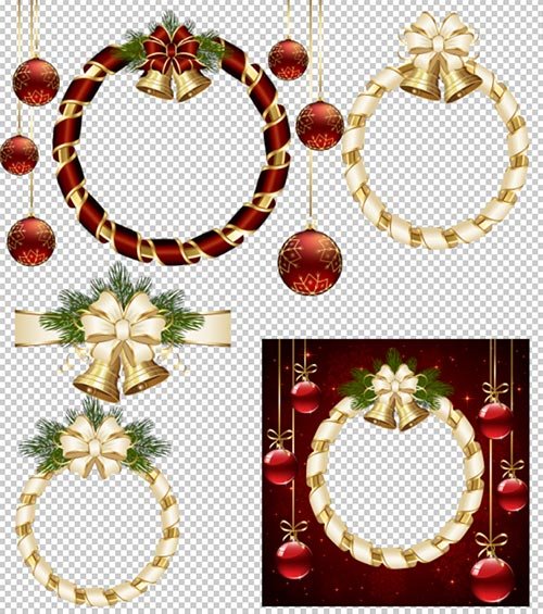 Клипарт - Новогодние рамки вырезы украшенные бантом и колокольчиками на прозрачном фоне PSD