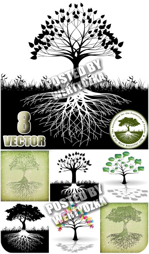 Дерево с корнями, винтаж, креатив / Tree with roots - stock vector