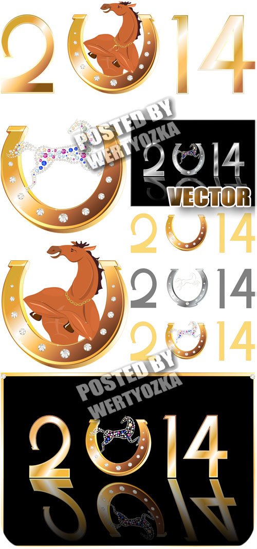 2014, лошадка и  золотая подкова / 2014 horse and the golden horseshoe - stock vector