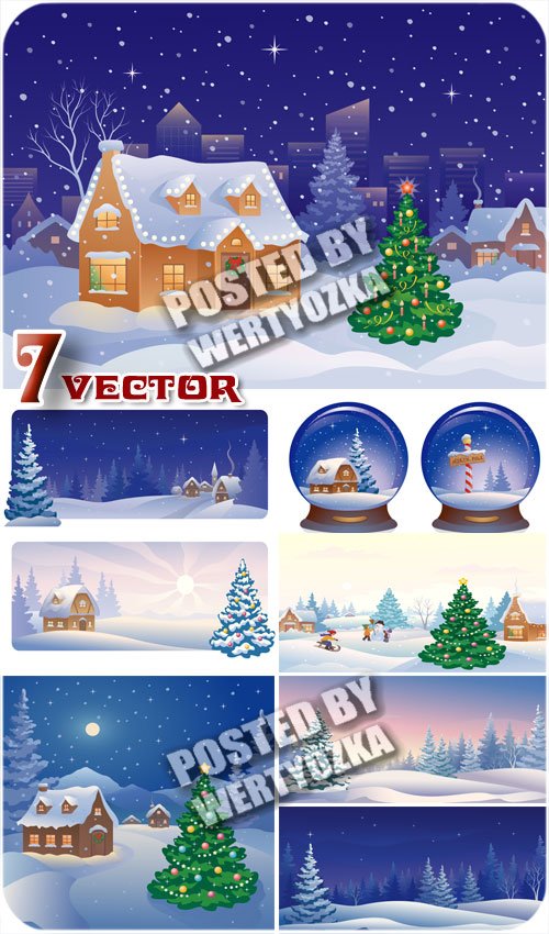 Зимние фоны с домиком и елкой / Winter background with a house and a tree - stock vector