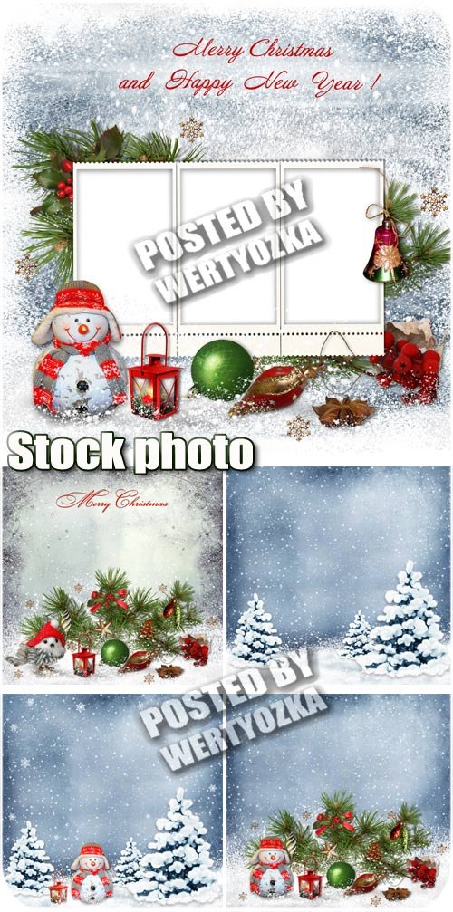 Новогодние фоны с елкой и снеговиком / Christmas background with christmas tree and a snowman - stock photos