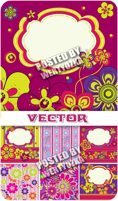Фоны с разноцветными узорами и яркими цветочками / Backgrounds with colorful designs - stock vector