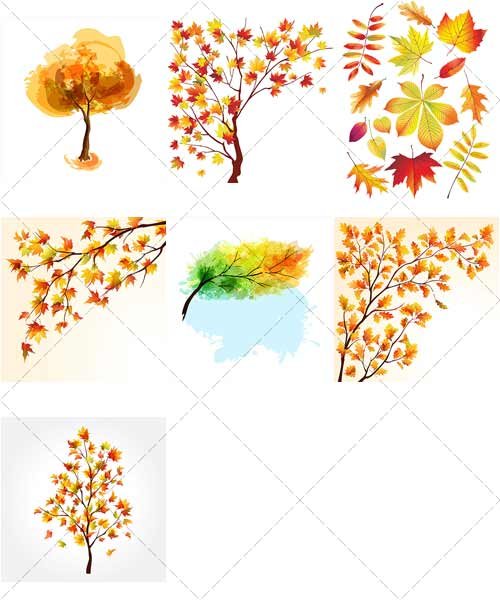 Листья и силуэты деревьев осенью | Leaves and silhouettes of trees in autumn, Вектор