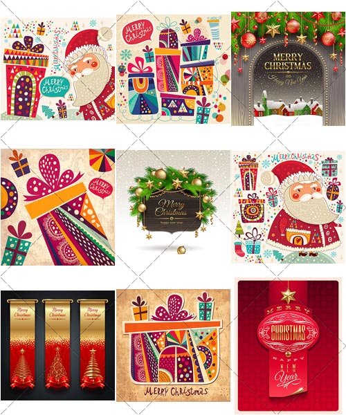 Поздравительные Рождественские открытки с Дедом Морозом | Christmas greeting card with Santa Claus, Вектор