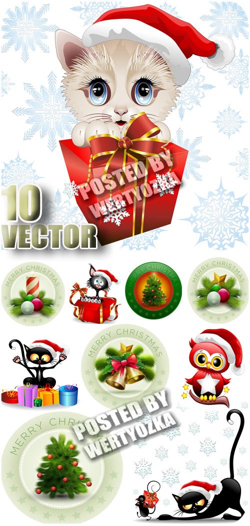 Новогодние кошки, стикеры с елочкой и колокольчиками / Christmas cats - stock vector