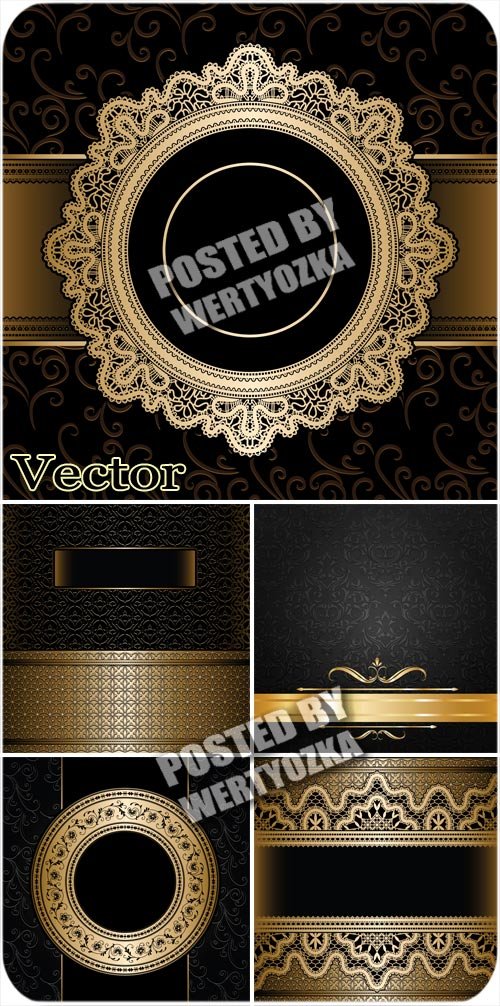 Черные фоны с золотым орнаментом и красивыми узорами / Black background - stock vector