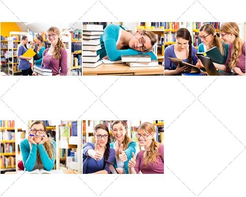 Студенты в библиотеке, молодые люди в читальном зале, 2 | Students in library, young people in reading room - Стоковый клипарт