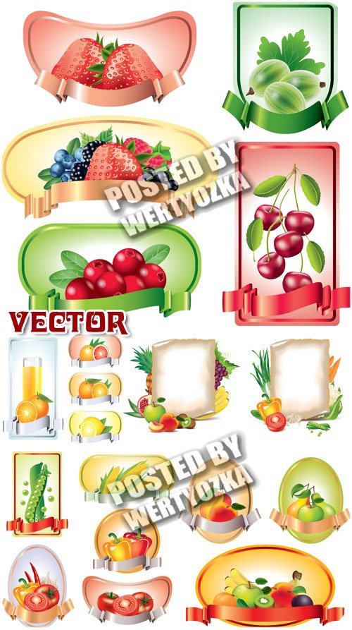 Этикетки с  фруктами и овощами / Labels with fruits and vegetables - stock vector