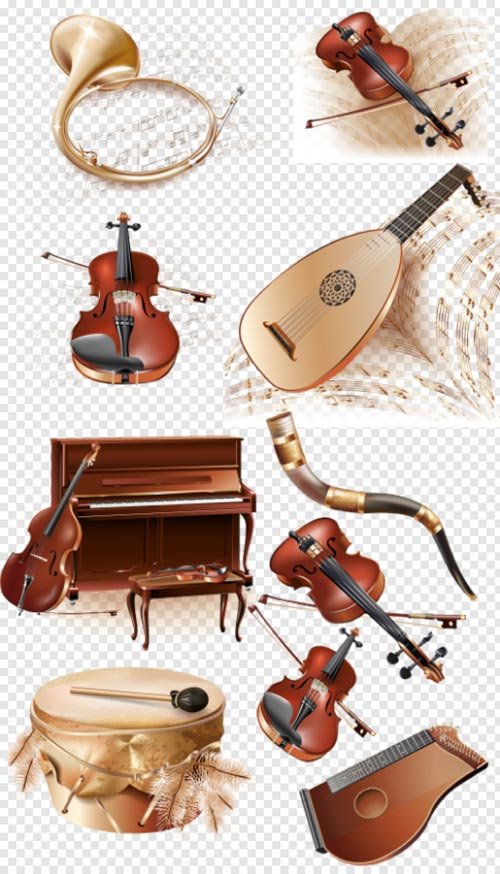 Клипарт -  Музыкальные инструменты с нотами на прозрачном фоне PSD