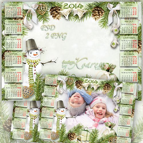 Детский новогодний календарь на 2014 год с рамкой для фото с симпатичным снеговиком