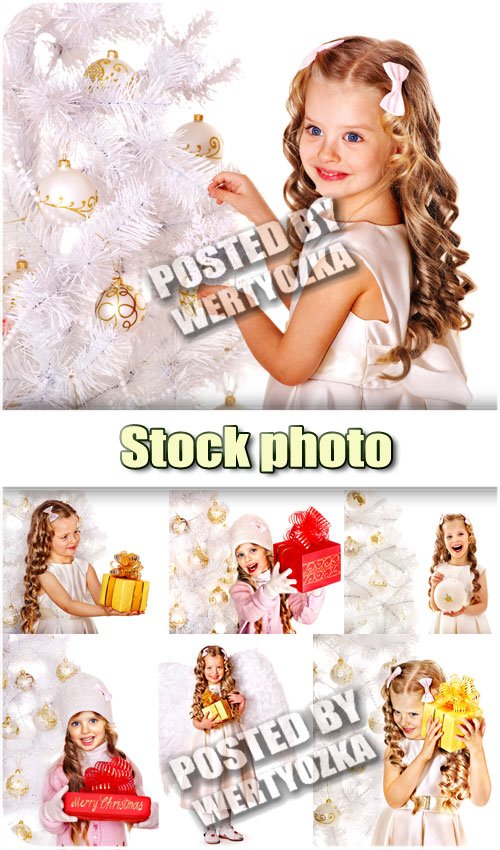 Девочка с подарками, новогодняя елка / Girl with gifts, christmas tree - stock photo
