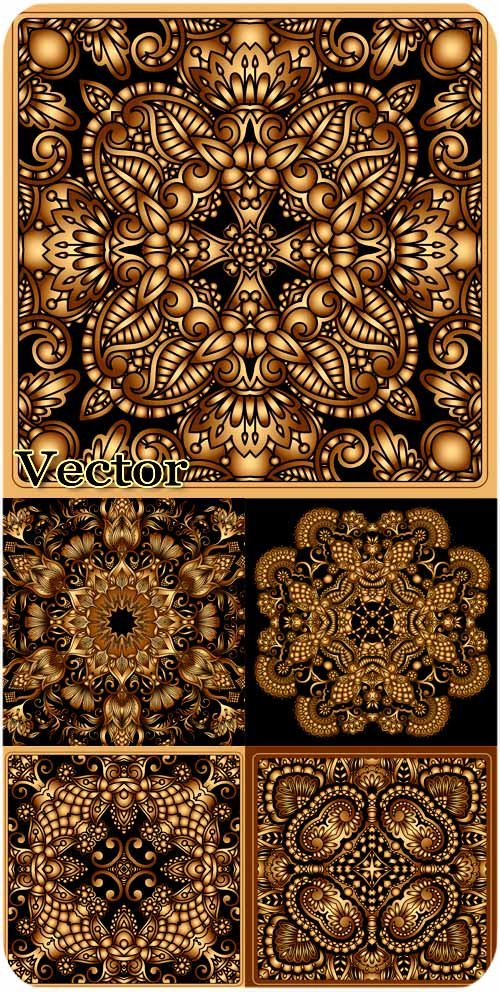 Черные фоны с золотыми узорами / Black background with golden ornaments - stock vector