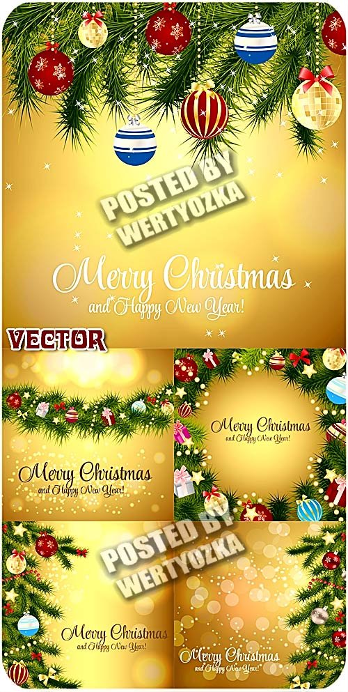 Золотые новогодние фоны с елочкой и шарами / Golden christmas background - vector stock