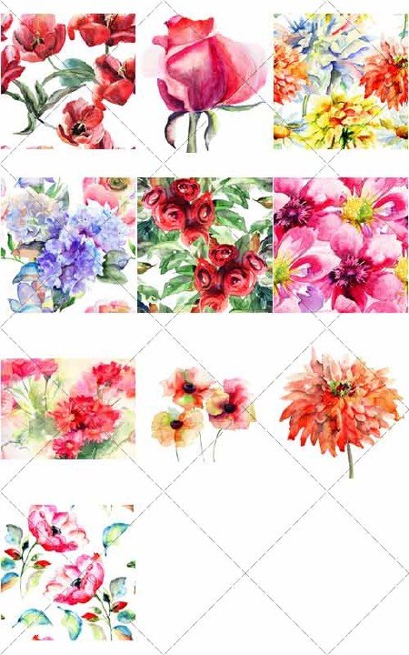 Красивые акварельные бесшовные паттерны с цветами | Beautiful watercolor seamless patterns of flowers, стоковый клипарт