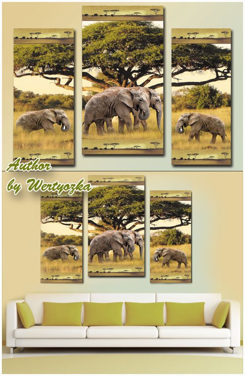 Модульная картина - Африканский пейзаж и слоны