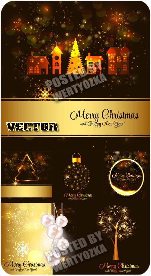 Золотые рождественские элементы на темных векторных фонах / Gold christmas vector elements