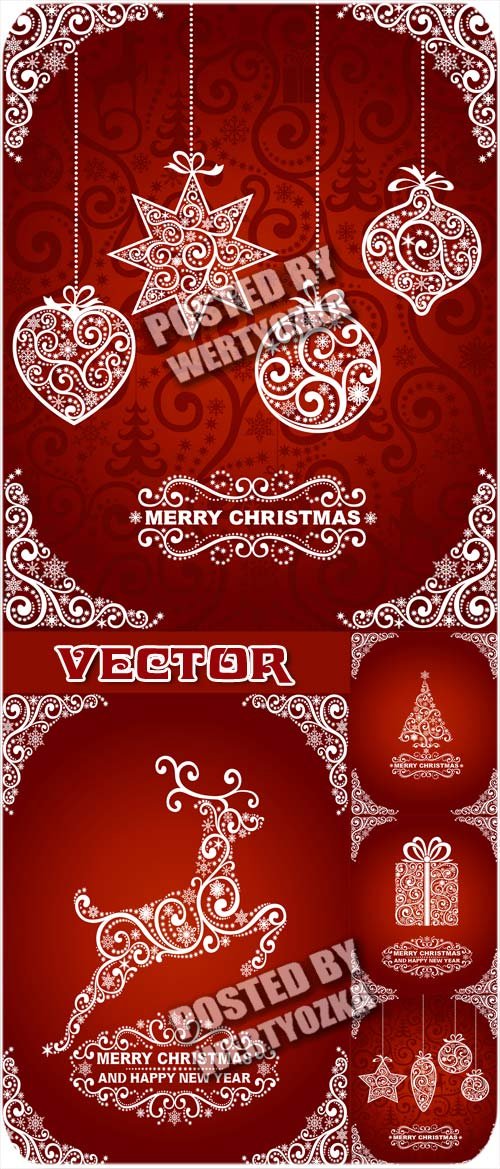 Красные рождественские фоны с белыми украшениями / Red christmas decorations - vector