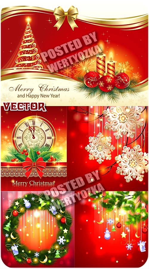 Рождественские фоны с золотой елочкой, курантами и свечами / Christmas background - vector stock