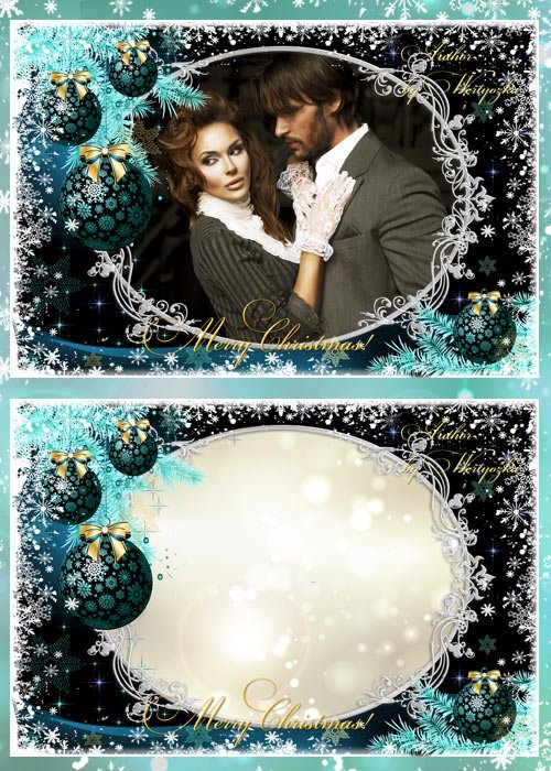 Рамка для фотошопа - Белые снежинки, елка и новогодние шары
