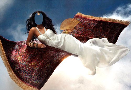  Женский шаблон - Принцесса в длинном белом платье на сказочном ковре 