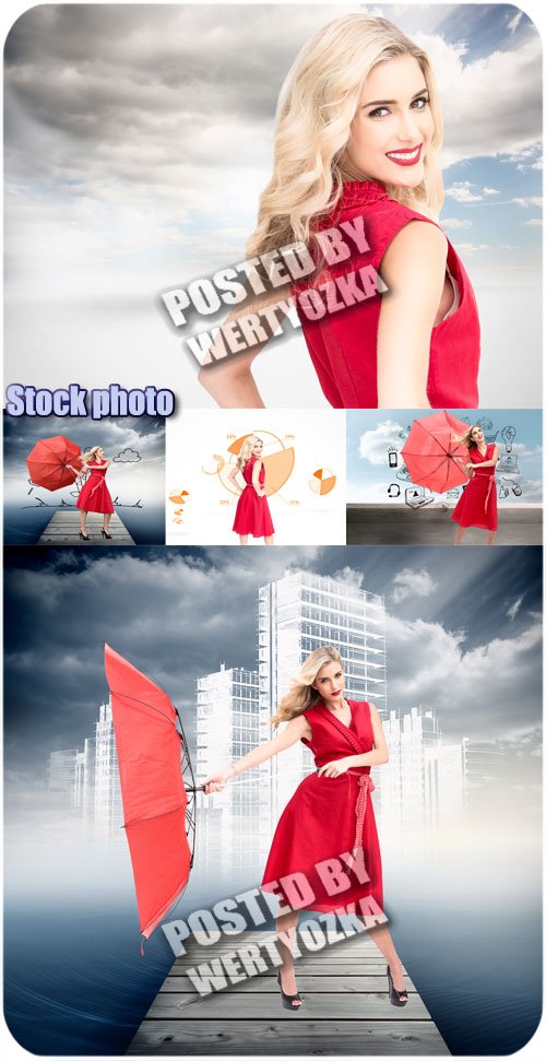 Девушка в красном платье с зонтом - сток фото