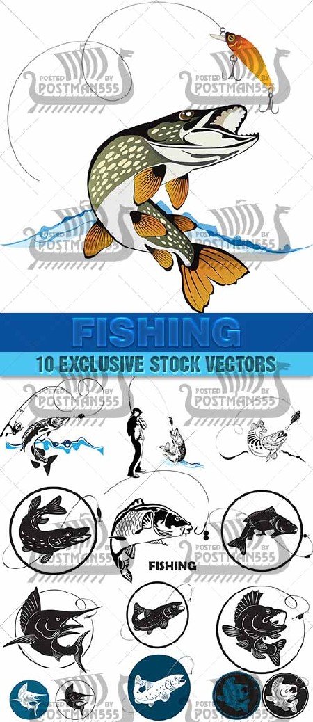 Спортивная рыбалка, спиннинг, форель, щука, марлин | Sport fishing, spinning, trout, pike, marlin, вектор