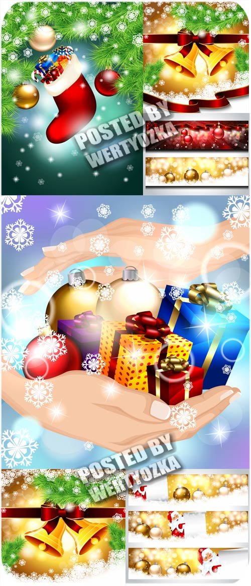 Рождественские подарки, векторные фоны с шарами и елкой