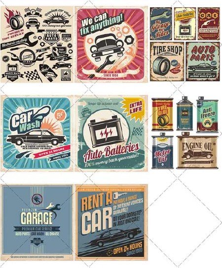 Старомодные плакаты из шестидесятых для автомастерской | Old-fashioned posters of sixties for auto shop, вектор