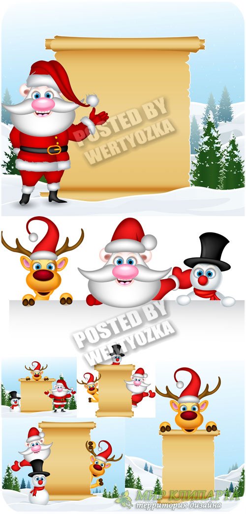 Санта, олень и снеговик с плакатами - вектор