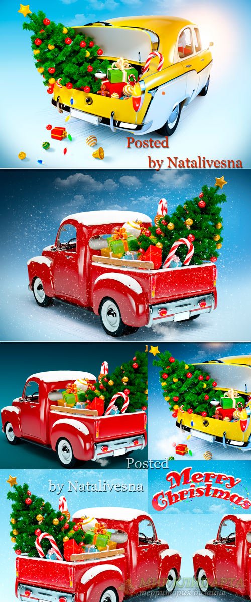 Рождественские фоны с авто и елочками 