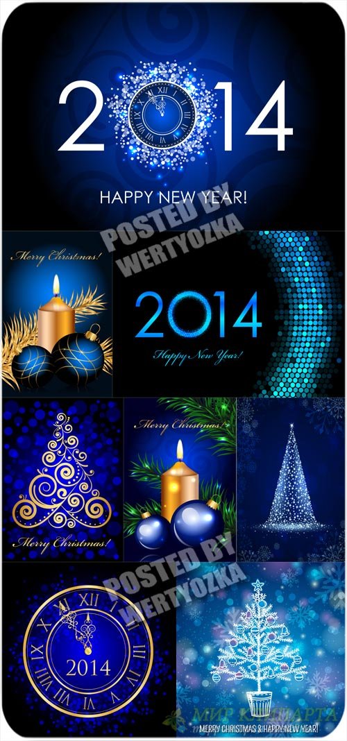 Рождественские векторные фоны 2014, куранты, золотая елка и свечи