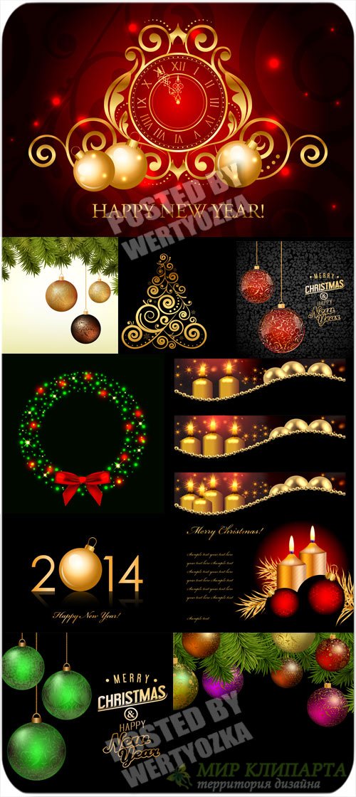 Рождественский вектор, свечи, елка, куранты и сверкающие шары