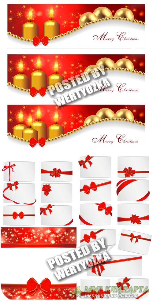 Рождественские векторные карточки с красными лентами и свечами