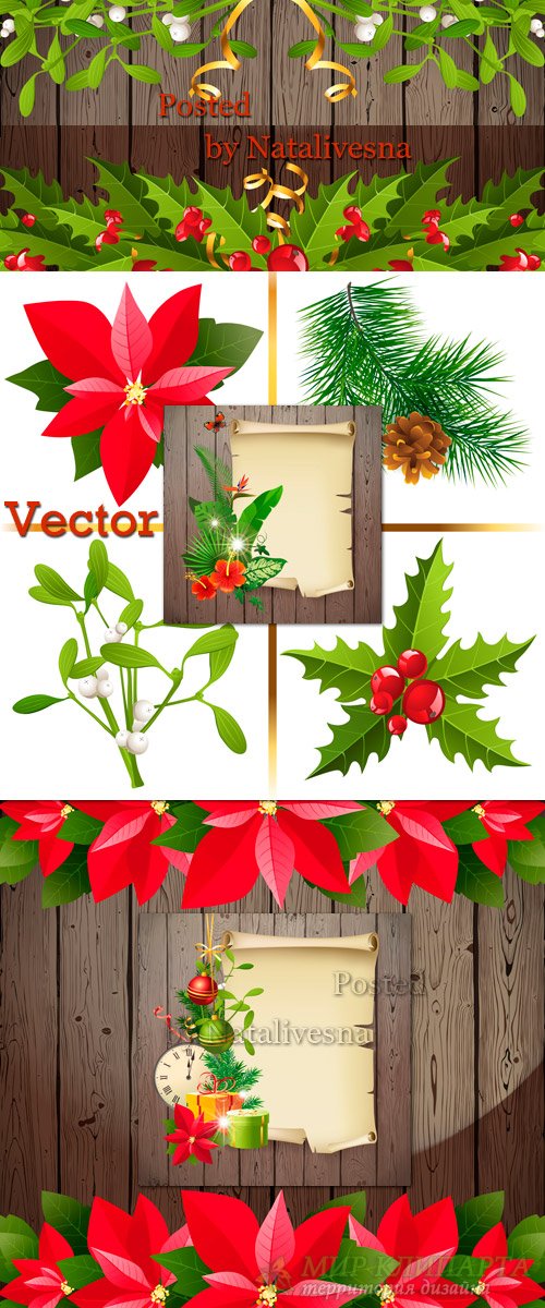 Фоны с рождественскими украшениями и цветами в векторе