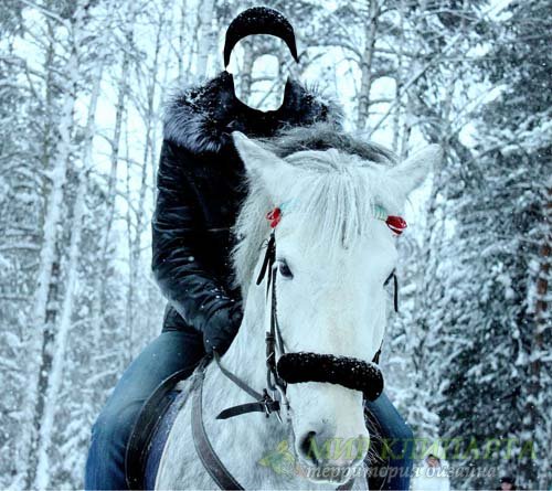  Шаблон для Photoshop - Прогулка на белом вороном зимой в лесу 