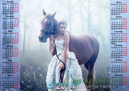  Настенный календарь - Лошадь и девушка фото в тумане 