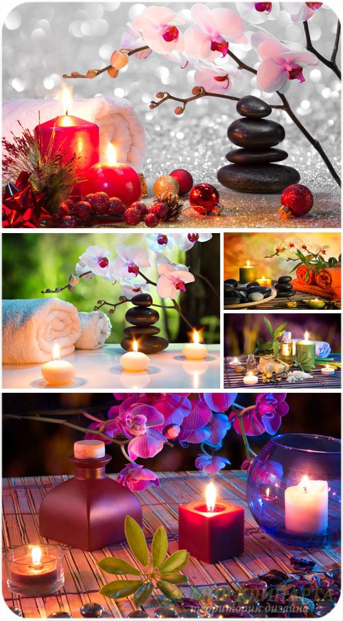 Красивые спа фоны, свечи, спа камни и цветы - сток фото