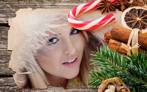  Рамка для фотошоп - Праздничная открытка с елкой и сладостями 