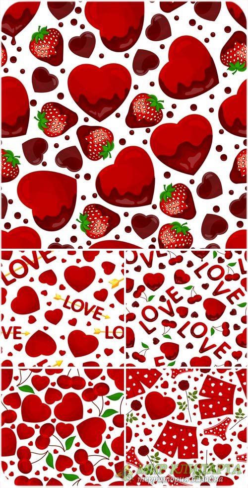 Векторные фоны с сердечками и фруктами на день святого Валентина