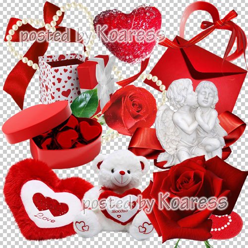 Png клипарт - сердечки, красные розы, подарки, ленты, игрушки - День Святого Валентина
