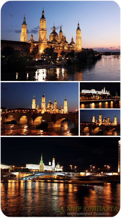 Ночной город, мост, река - сток фото