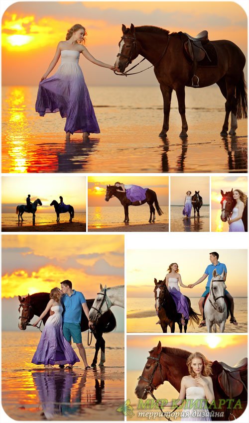 Влюбленная пара на морском побережье, прогулка на лошадях - сток фото