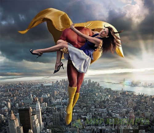  Мужской шаблон - Супер герой с девушкой над городом 