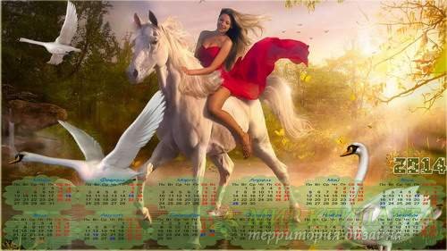 Широкоформатный календарь на 2014 год - Девушка на лошади возле лебединого озера 
