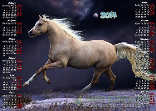  Календарь на 2014 год - Игривая лошадь бежит 