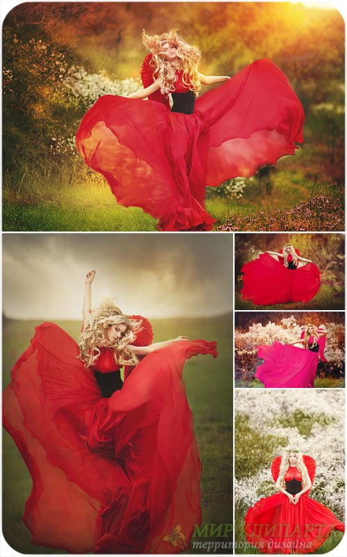 Девушка в красном платье, природа, цветы - сток фото