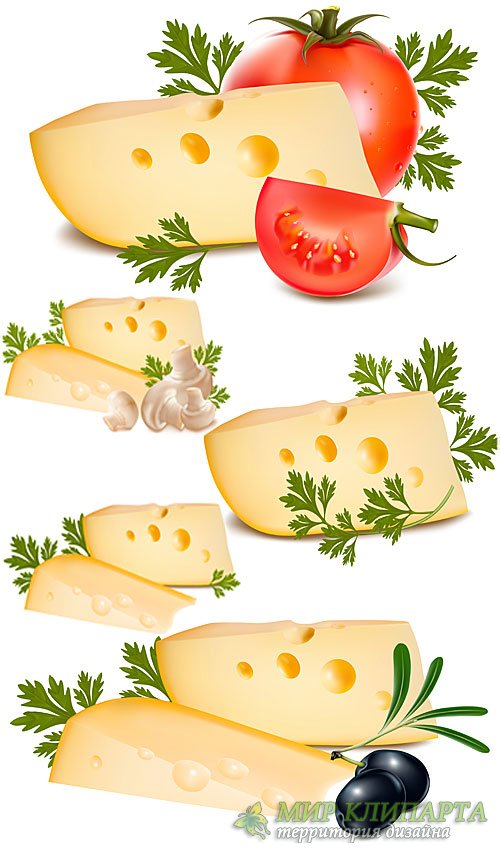 Сыр с томатами, оливками и грибами - вектор 